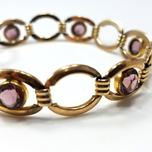 Vintage Simmons Bracelet Purple Glass Gold Tone Links 1920 1940 Egyptian Revival - Picture 5 of 10